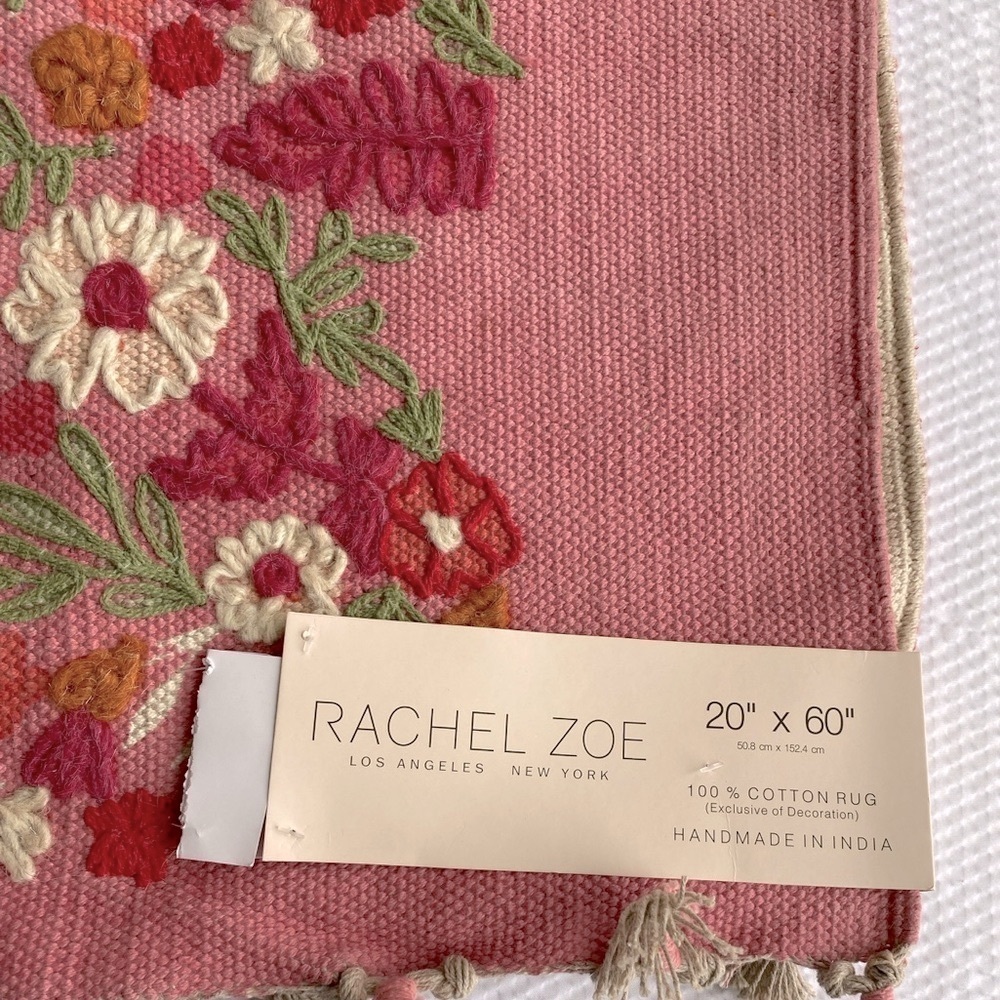 Rachel Zoe Pink Floral Cotton Rug 20 x 60 Embroidered
